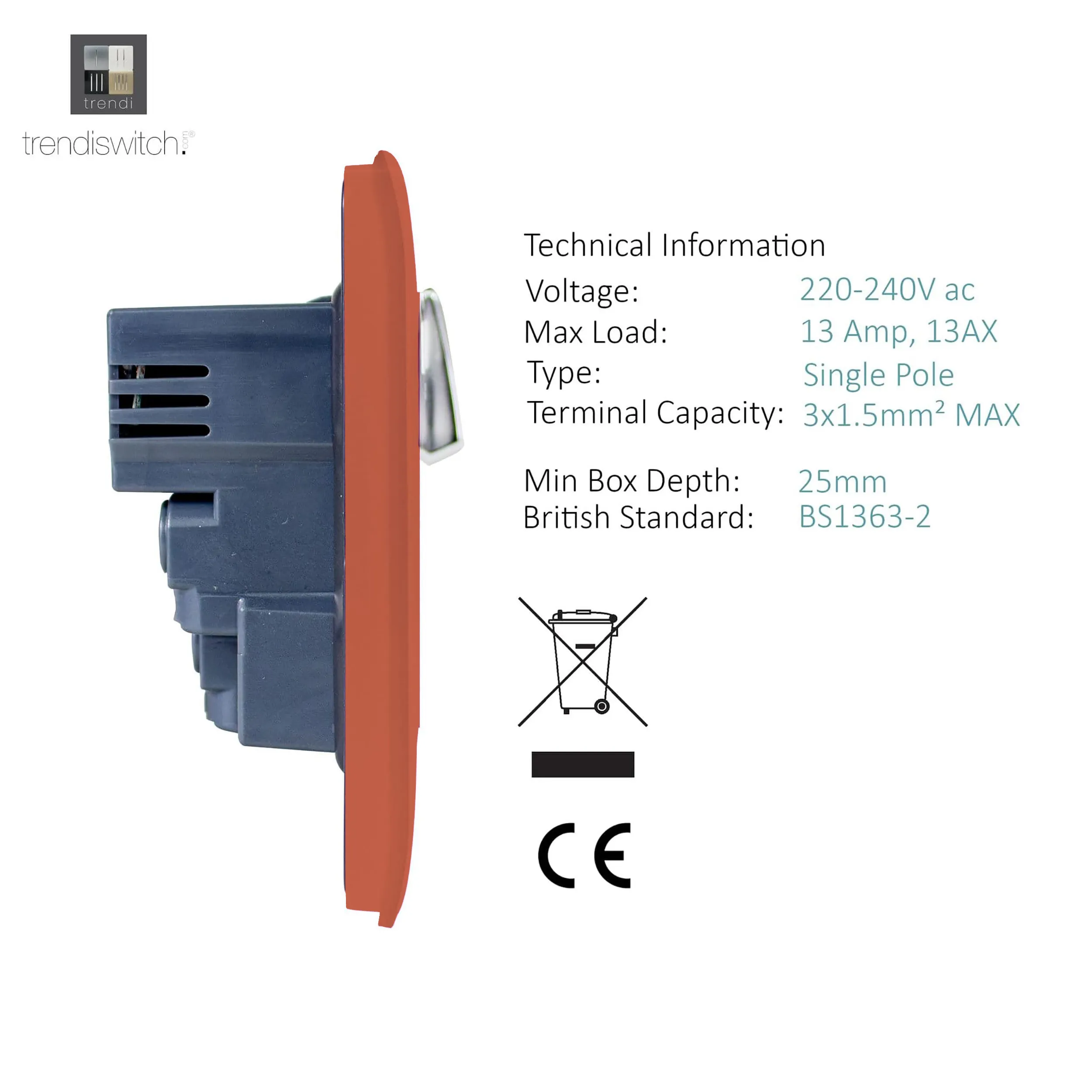 1 Gang 13Amp Switched Single Socket With 2 x USB Copper ART-SKT13USBCPR  Trendi Copper